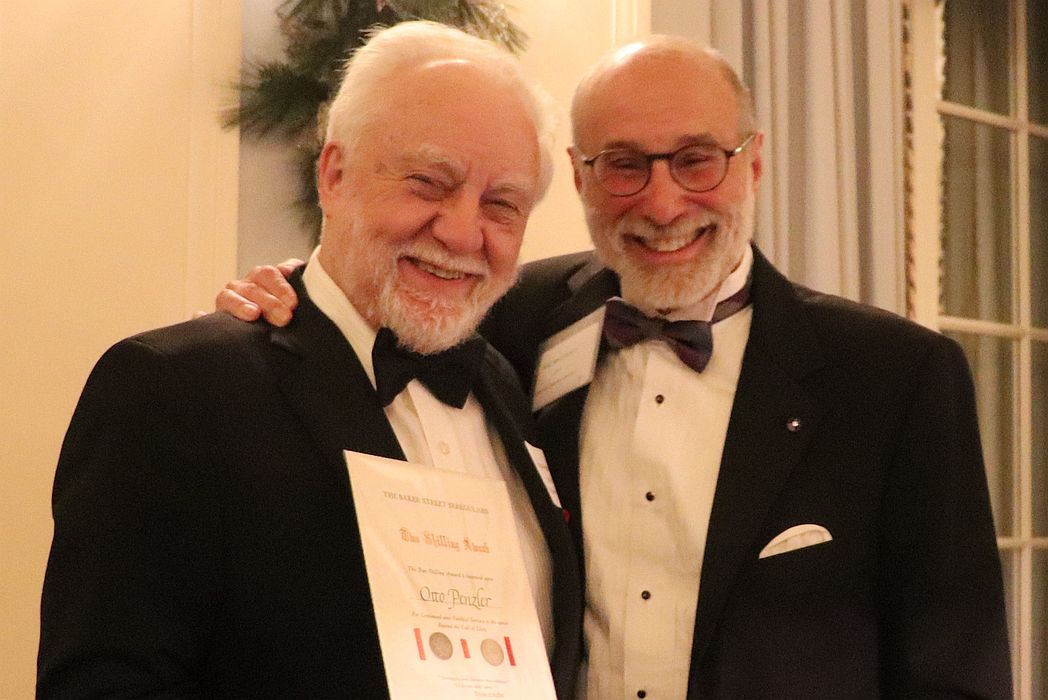 Otto Penzler receives Two-Shilling Award from Michael Kean at 2024 BSI Dinner